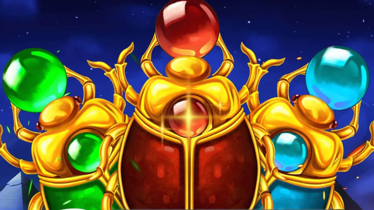 Interface do jogo 3 Scarabs of Fortune com escaravelhos dourados e pirâmides ao fundo