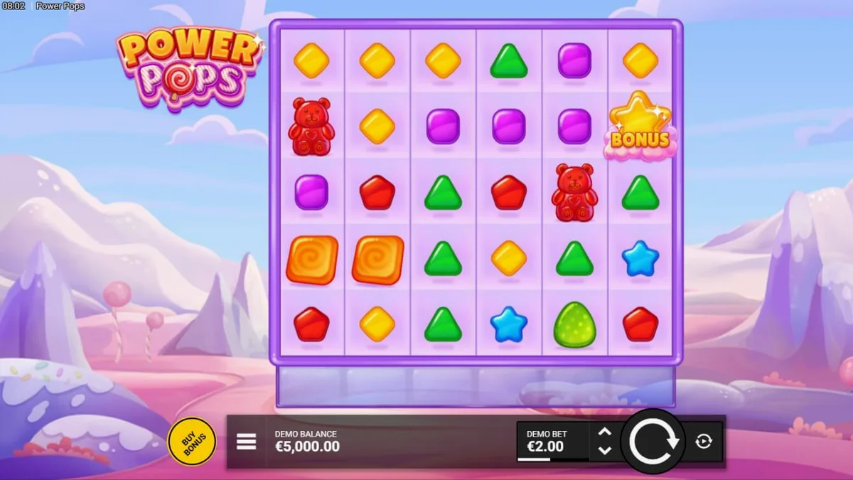 Interface colorida e doce do slot Power Pops com pirulitos e doces